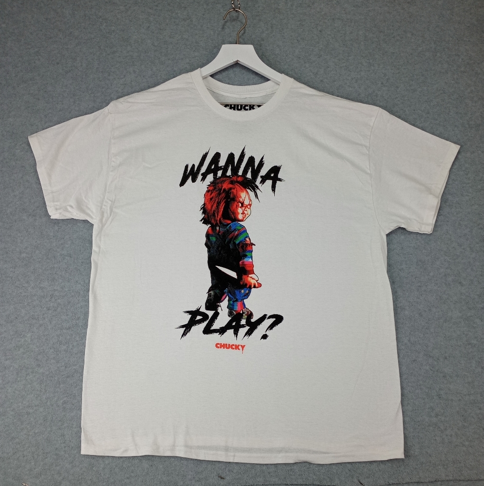 Chuck Childs Play Wanna Play White Men's Horror Tee Scary Creepy Doll